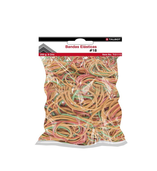 Bandas Elásticas, # 18,  (3" x 1/16"), Colores,  Bolsa x 250 g. (9 Onz).